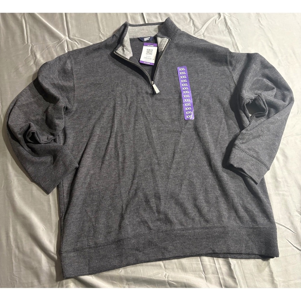 Lands End Mens XXL Ribbed Quarter Zip Pullover Dark Charcoal Gray NWT Mock Neck